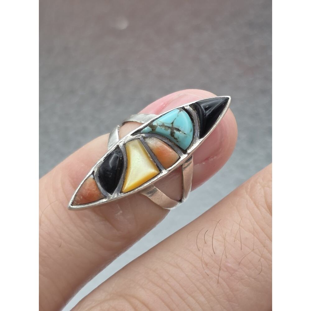 VINTAGE STERLING SILVER NATIVE AMERICAN MULTI STONE RING SIZE 4.5 SIGNED EJ